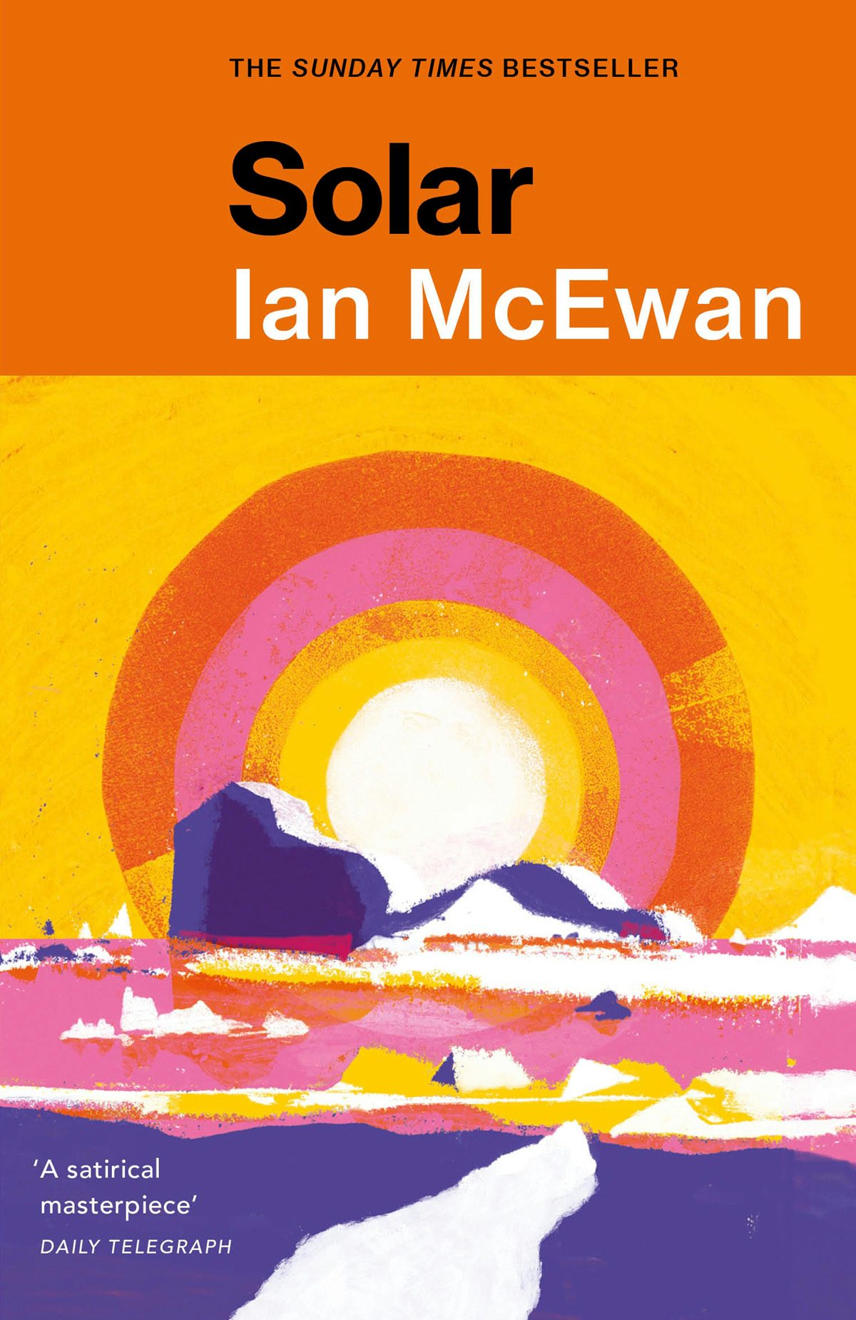 Cover of Solar by Ian McEwan showing a psychedelic graphic of a seascape against a sun motif represented in yellow, pink and orange concentric circles