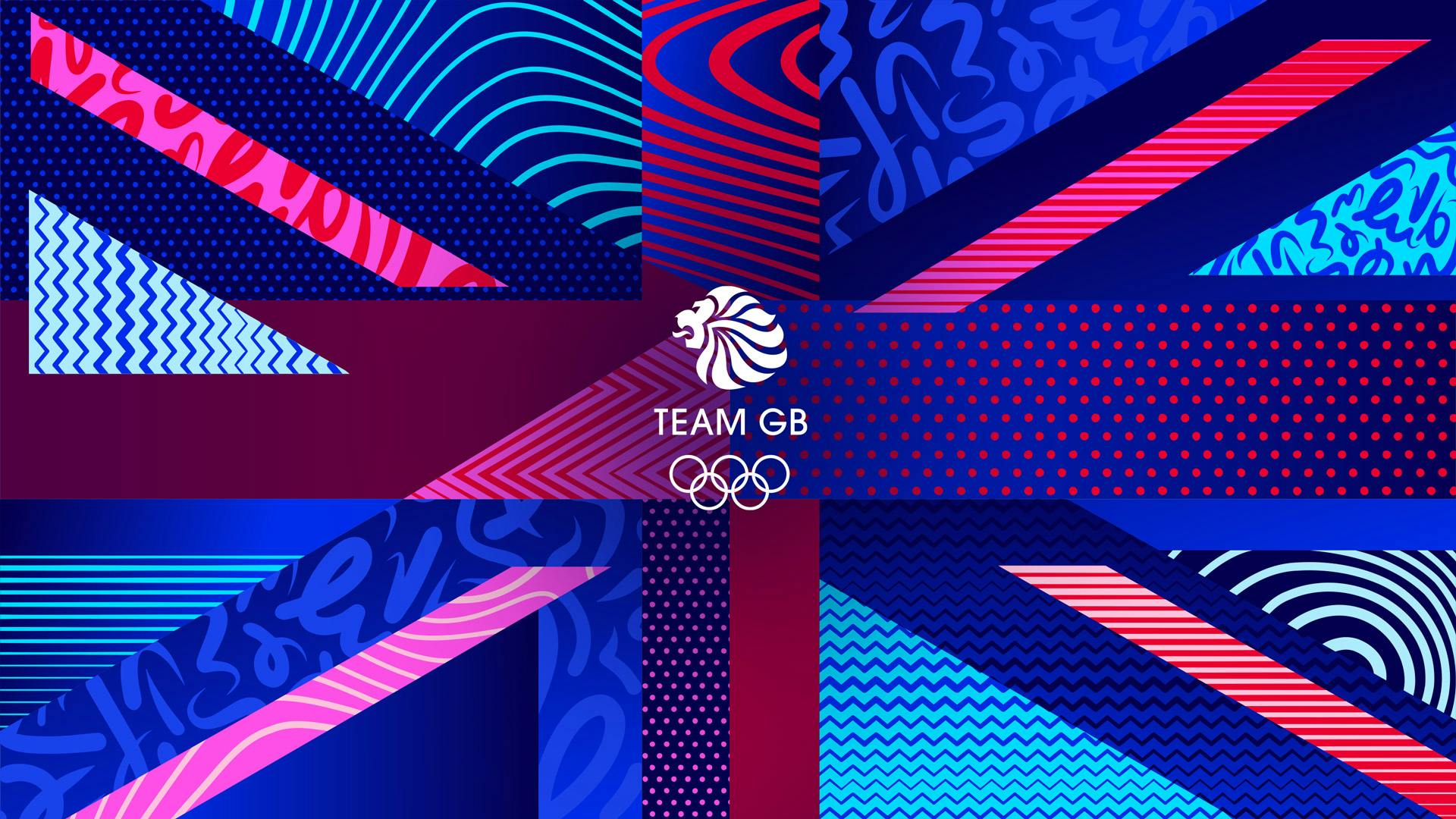 Graphic showing the Team GB branding ahead of Paris 2024, featuring a Union Jack design in contrasting patterns and different shades of blues, pinks and whites, with the Team GB lion badge and Olympic rings at the centre