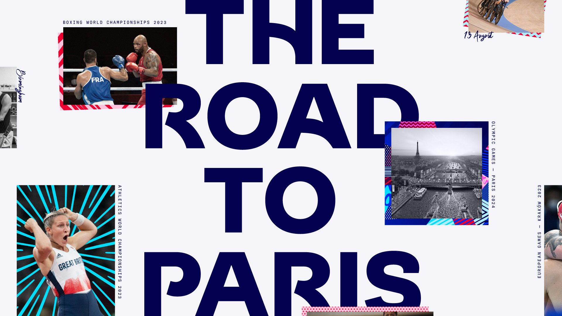 Graphic featuring the Team GB rebrand, headlined 'The road to Paris' laid out in a blocky typeface where straight lines in letterforms have been turned into curves. The graphic features images of an athlete, a boxing match, a black and white photo of the Seine with the Eiffel Tower in the background