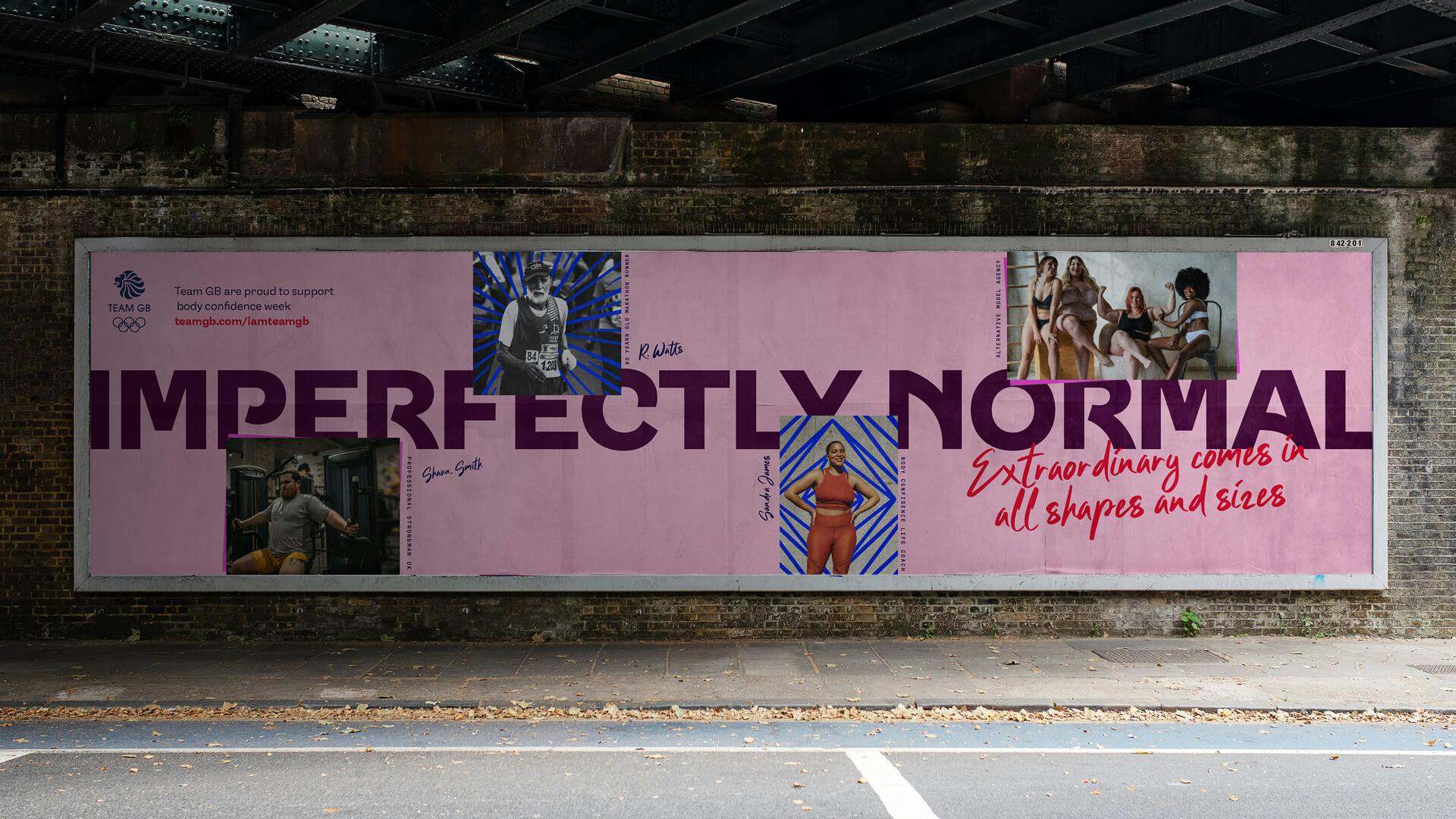 Graphic featuring the Team GB rebrand, as shown on a billboard featuring square images of athletes, headlined 'Imperfectly normal' with the sub headline 'Extraordinary comes in all shapes and sizes' laid out in a handwritten-style font
