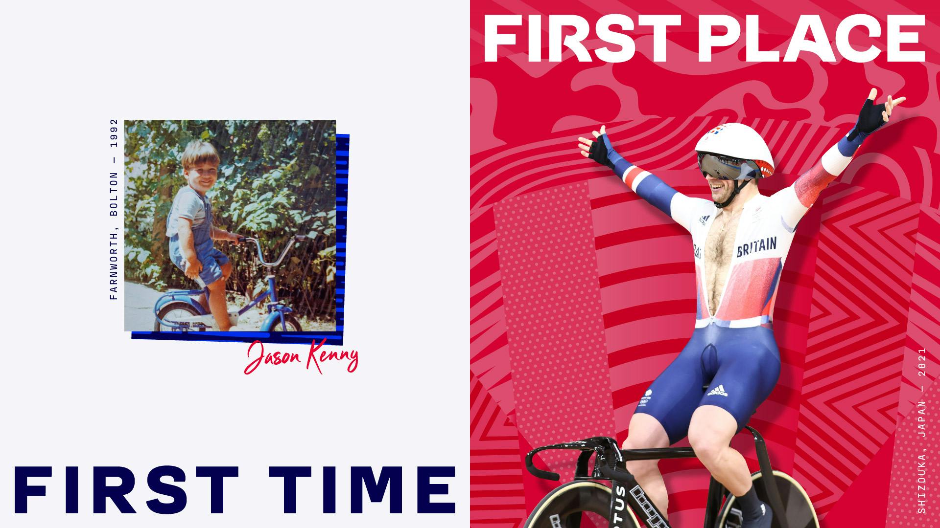 Graphic featuring the Team GB rebrand as shown on a photo of cyclist Jason Kenny against a red patterned background graphic, next to a childhood photo of him, each labelled 'First time', 'First place'