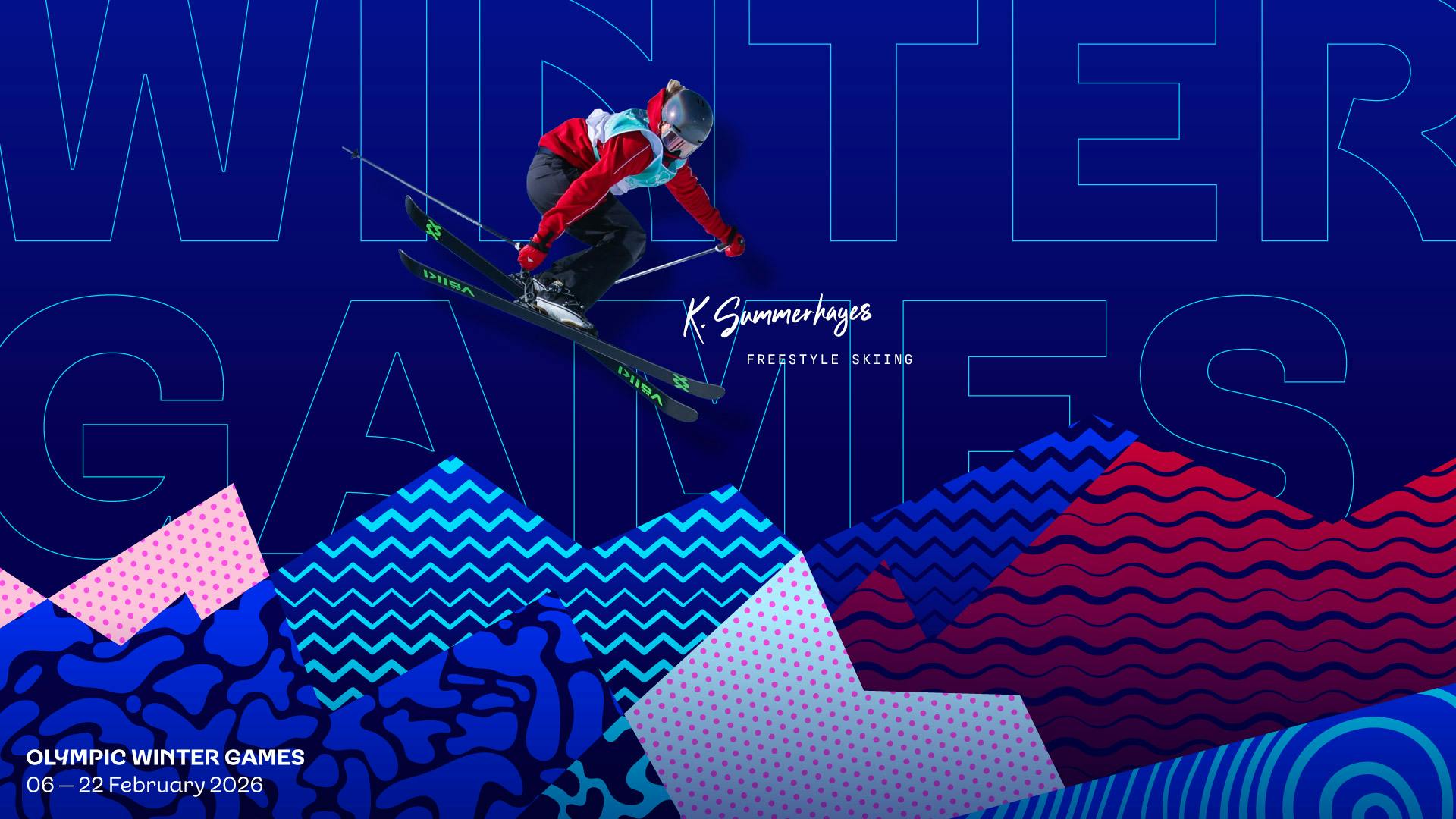 Graphic featuring the Team GB rebrand, showing a photograph of an Olympic skiier on top of a graphic patterns forming the shape of mountains, and the words 'Winter Games' in the background