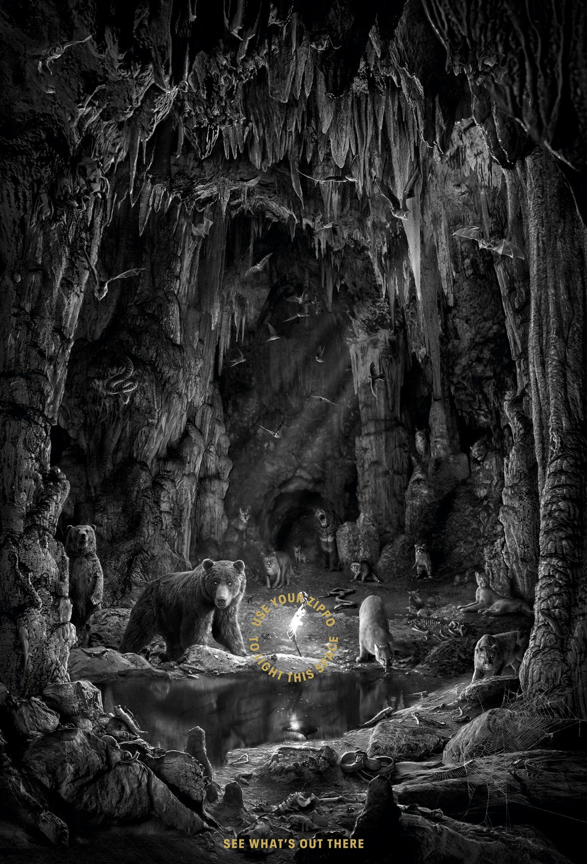 Black and white poster created for Zippo showing a cave scene including a bear and other wildlife