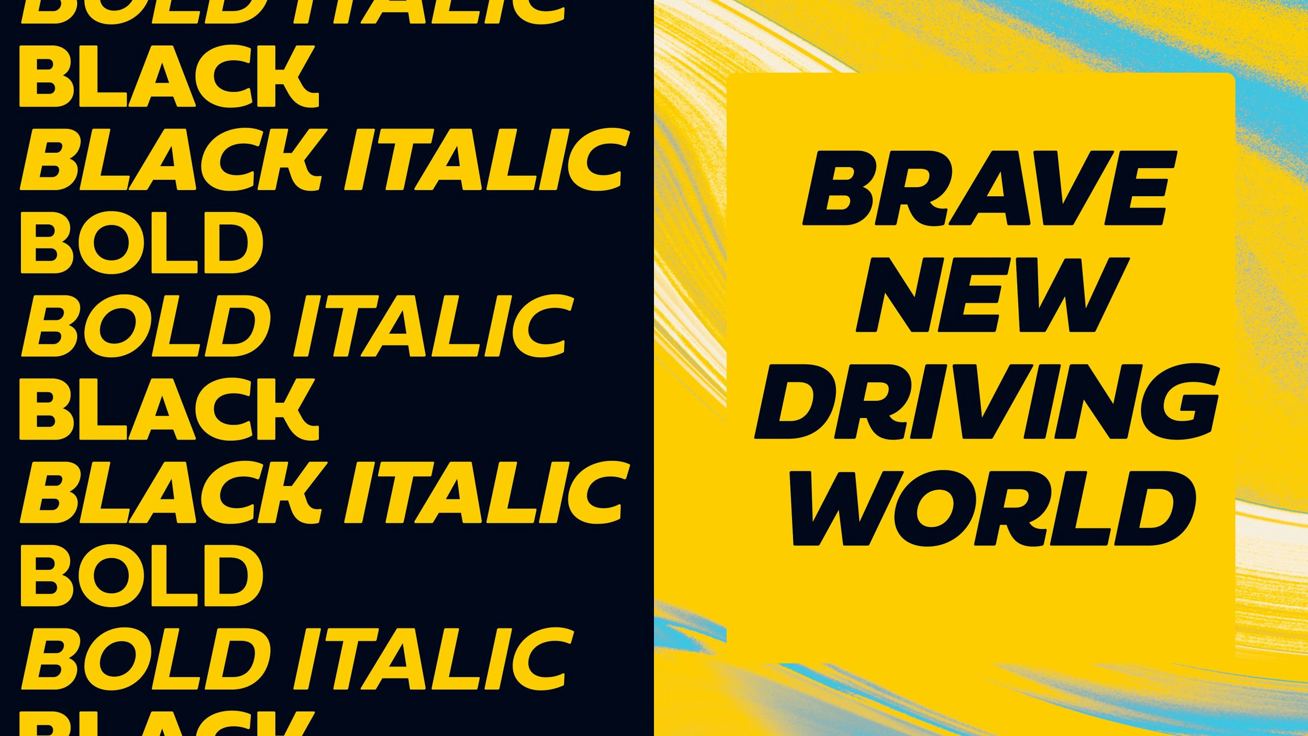 Graphic shows the AA's new brand typography, with its black, bold, and bold italic weights on the left, and it's standard italicised font on the right in a sentence that reads 'brave new driving world'