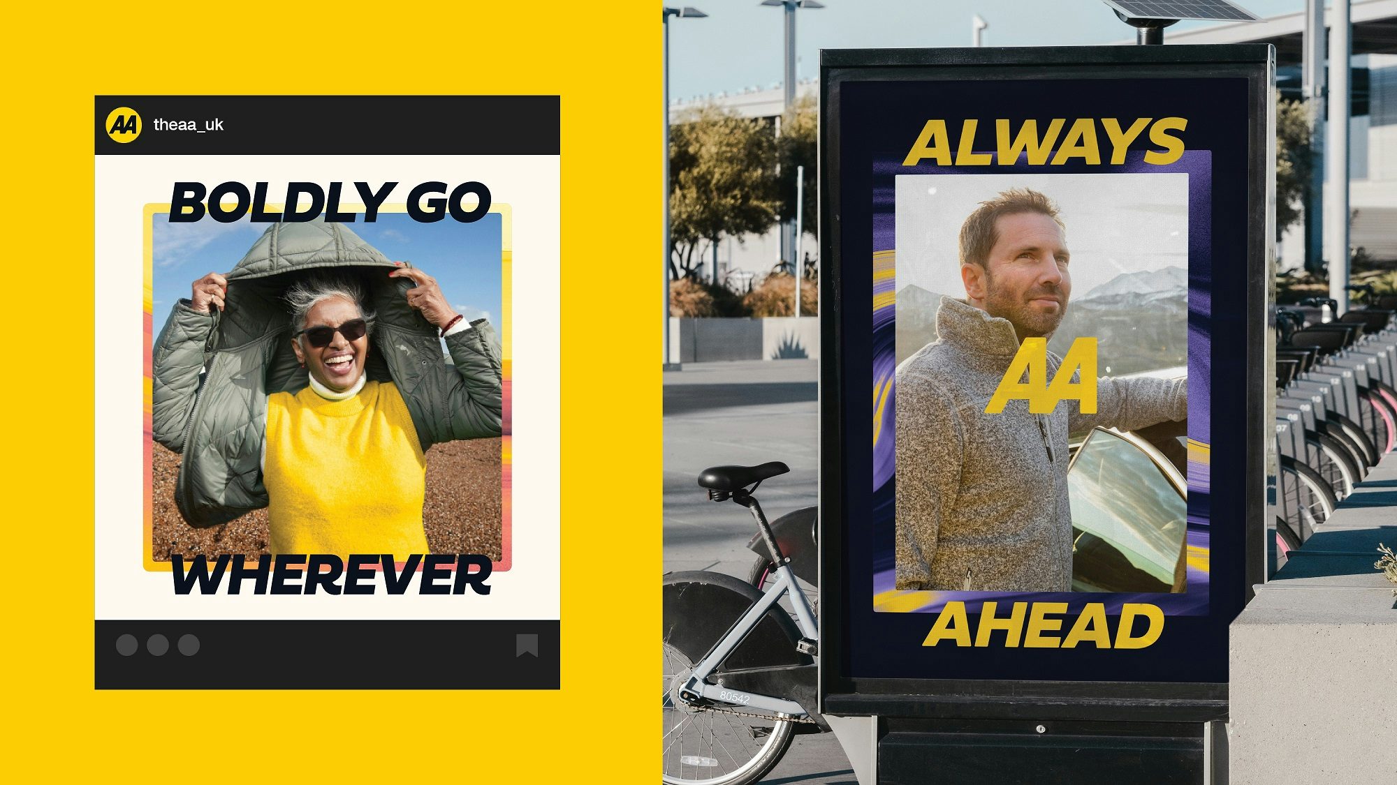 Composite image showing an AA social post headlined 'boldly go wherever' with a photo of a smiling person wearing sunglasses and a coat coat pulled over their head, and an outdoor poster on the right headlined 'always ahead' over the top of a photo of a person wearing a beige collared zip sweater