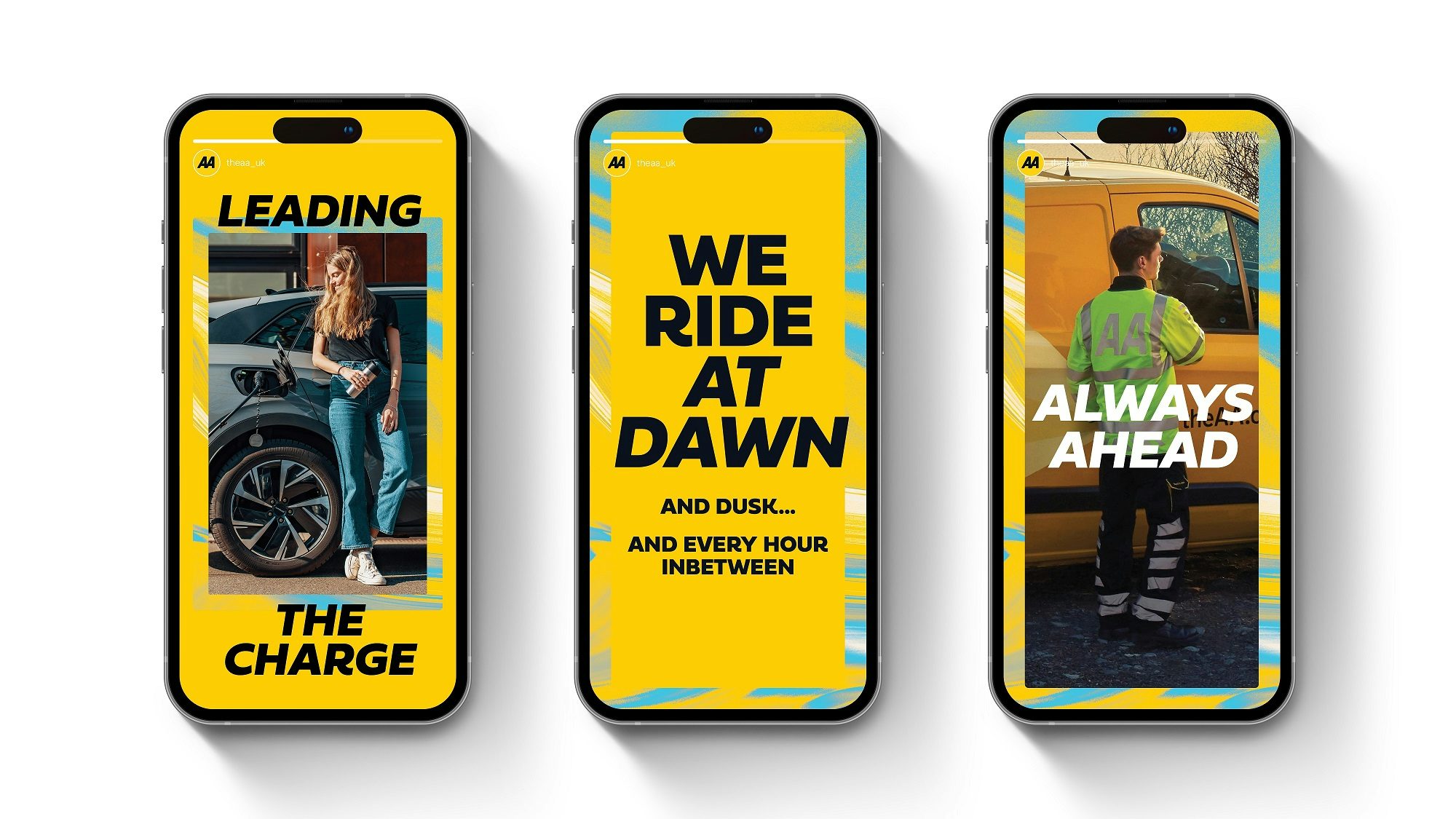 Graphic showing the AA's new branding on three iphones with social stories for the AA, one headlined 'leading the charge', one that reads 'We ride at dawn', and another that reads 'Always ahead'