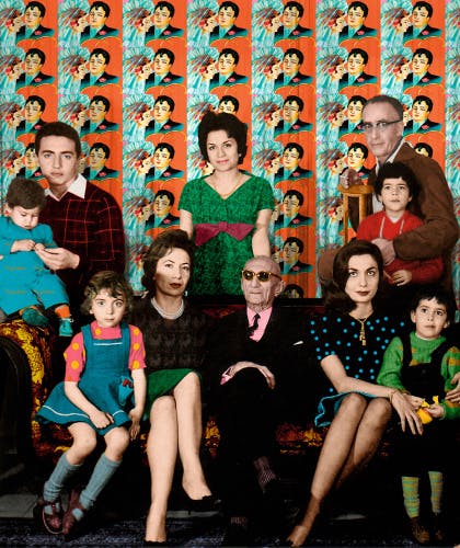 Image by Malekeh Nayiny of a family portrait in a studio that has been recolourised with bright colours