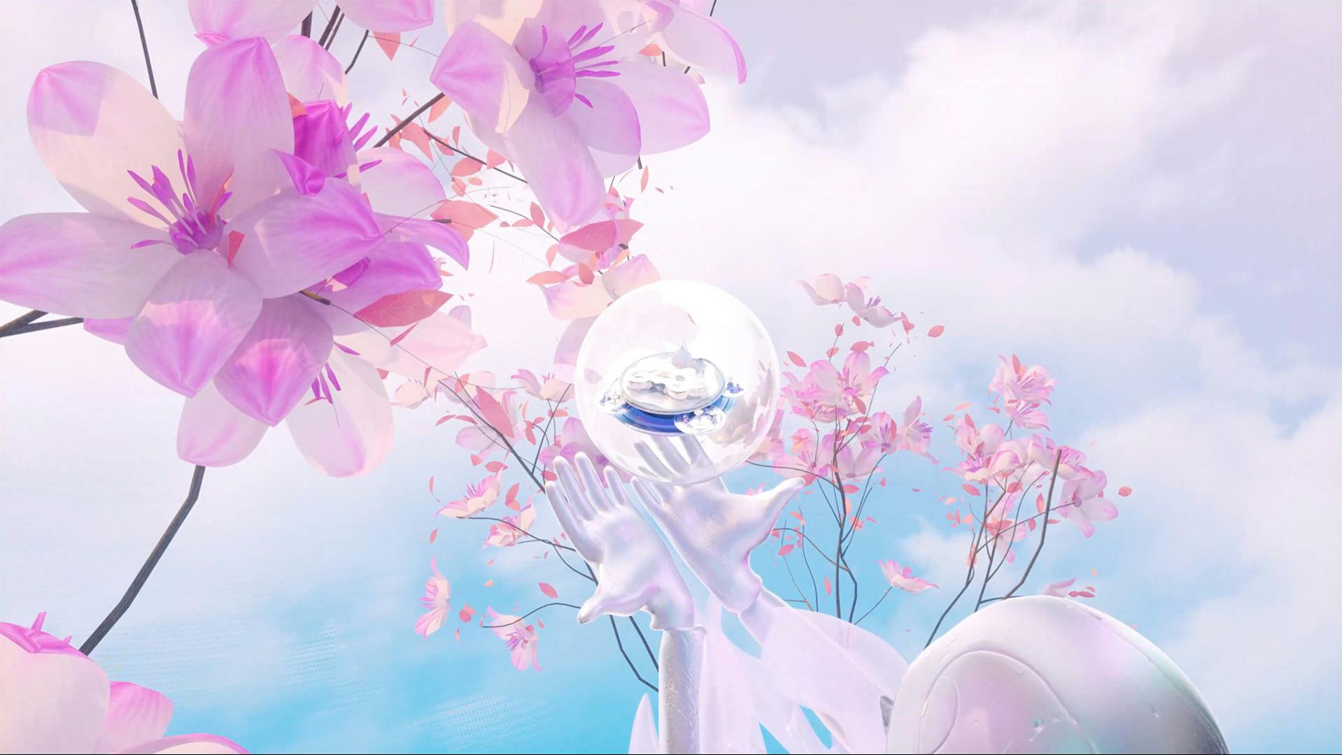 Graphic shows a fantasy landscape with blue skies and blossom trees