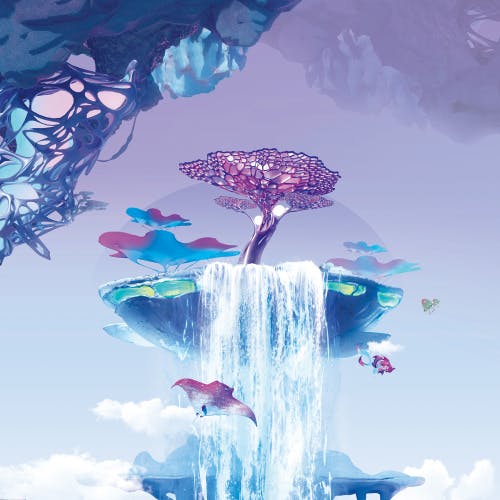 Image shows a CGI blue and purple dreamscape featuring a waterfall and a floating island