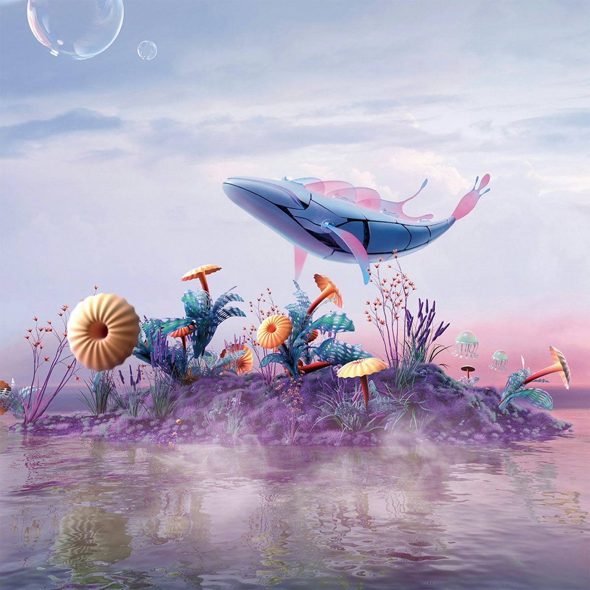 Image shows a CG landscape in a pink, blue and purple palette showing a floating fish and fungi-like plants