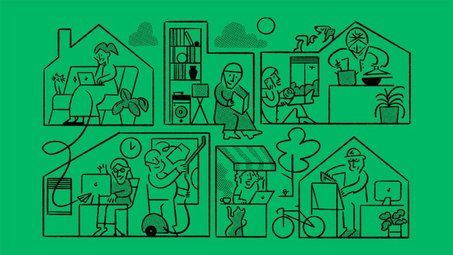 Graphic showing Glassdoor's new line illustrations of cartoon characters inside buildings against a green backdrop