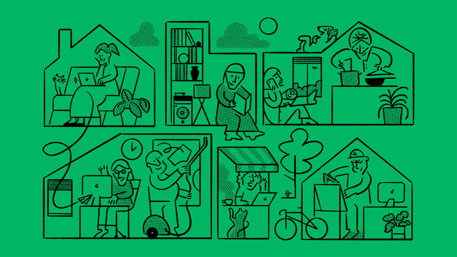 Graphic showing Glassdoor's new line illustrations of cartoon characters inside buildings against a green backdrop