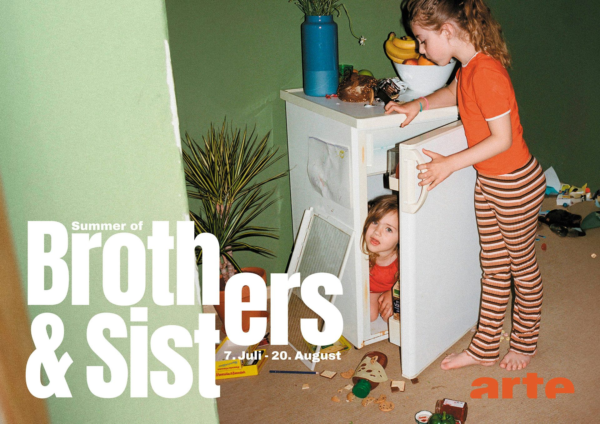 Image from Arte's Brothers and Sisters campaign, showing a photo of a child in an orange t-shirt and striped leggings appearing to shut another child in a fridge. The letters 'er' are split between the words 'Brothers' and 'Sisters'
