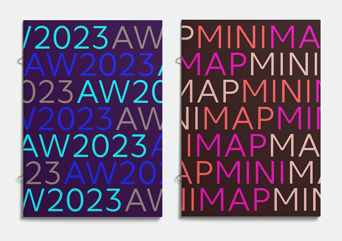 Image shows the new Natural History Museum serif typeface on two posters, one in a blue palette that reads 'AW2023' and another in a red-toned palette that reads 'Mini map'
