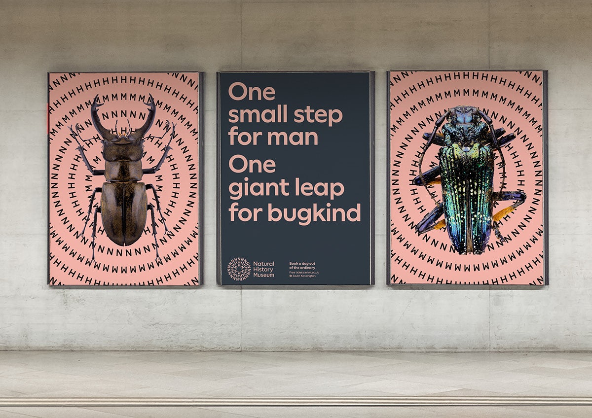 Image shows the new Natural History Museum branding on three outdoor posters, two of which show an aerial photo of a bug on top of concentric circles, and a central poster that reads 'One small step for man, One giant leap for bugkind' in a dusty pink font