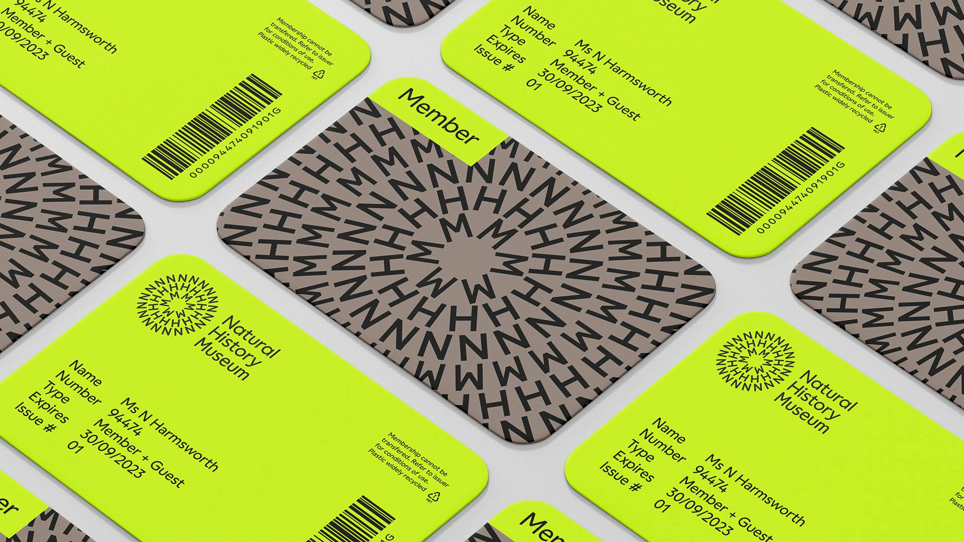 Image shows the new Natural History Museum branding on neon yellow member cards, and the reverse side of the cards, which show the initials 'NHM' arranged in concentric circles on a steel grey background