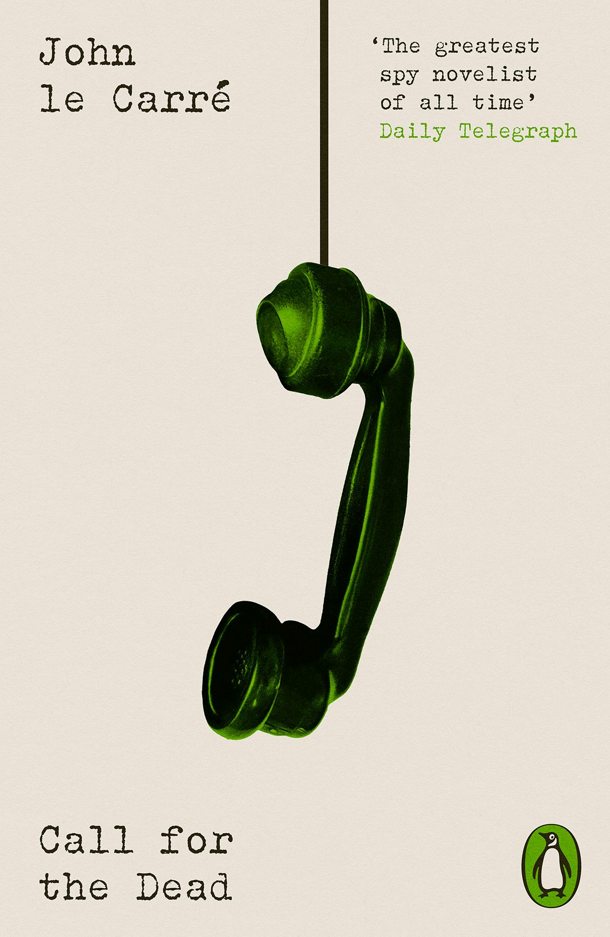 Image shows the cover of Call for the Dead from Penguin Modern Classics Crime and Espionage series, showing a cut out of a telephone receiver hanging upside down by a cord leading to the top of the cover