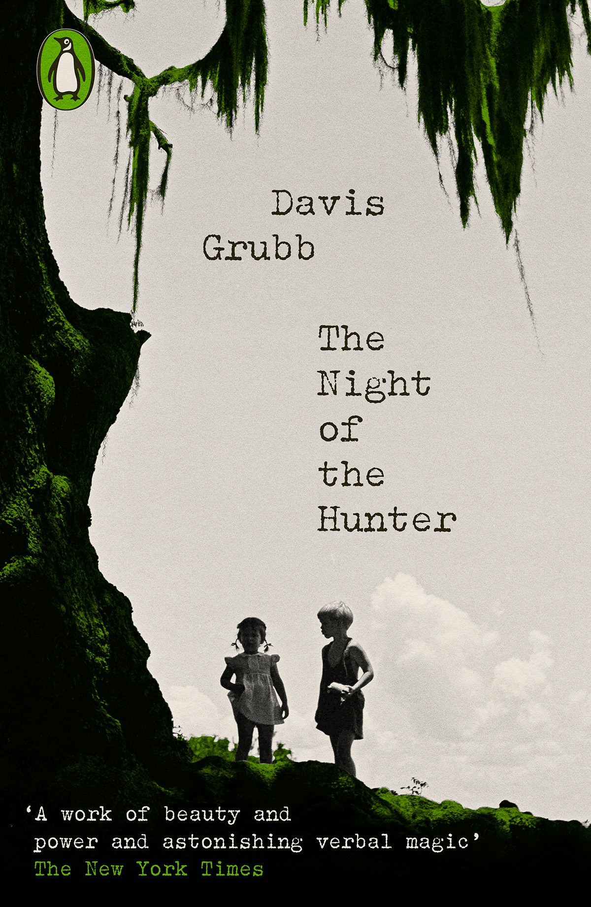 Image shows the cover of The Night of the Hunter from Penguin Modern Classics Crime and Espionage series, showing an illustration of a tree arching over two young people