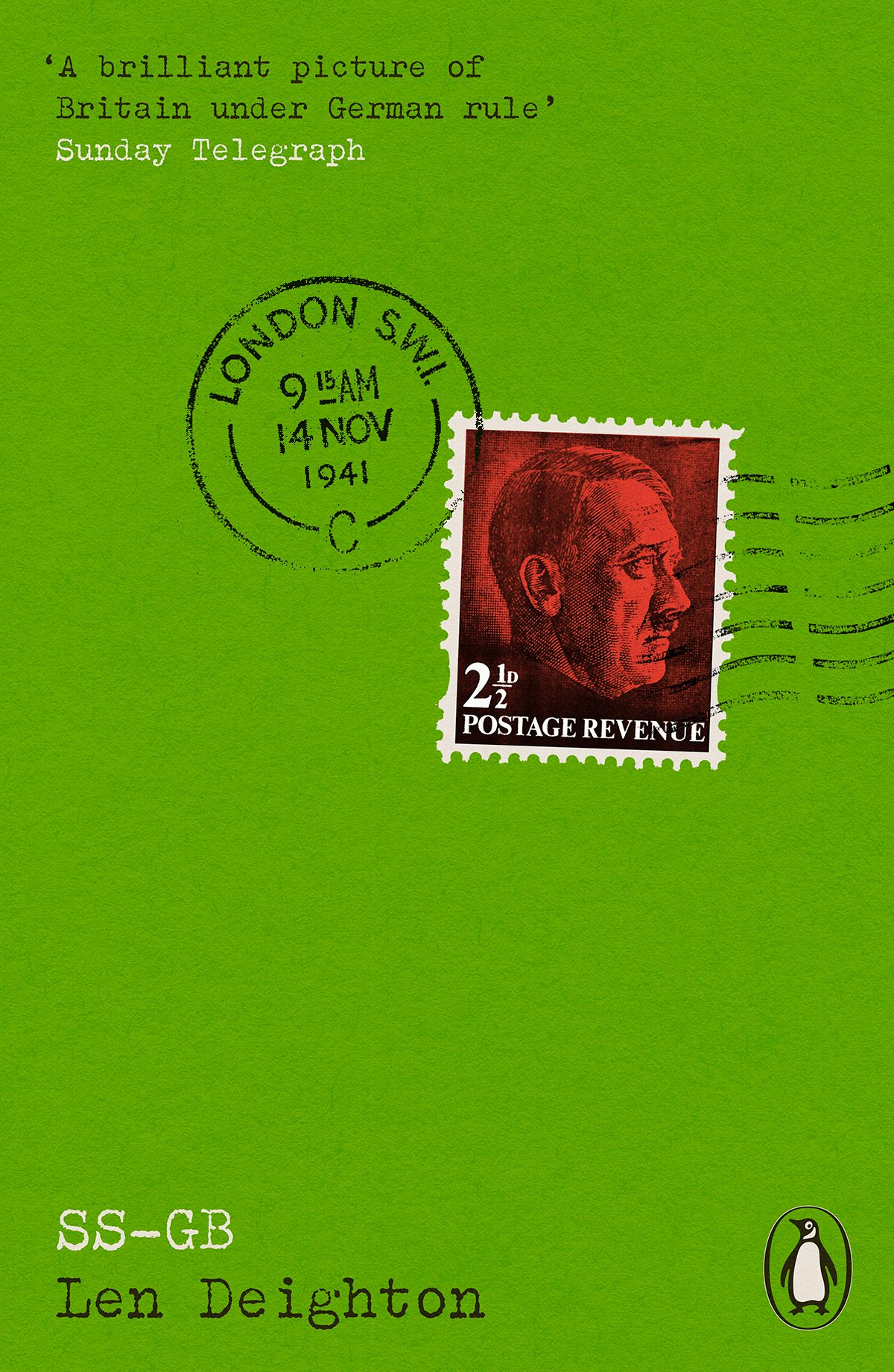 Image shows the cover of SS-GB from Penguin Modern Classics Crime and Espionage series, showing a vintage 2nd class stamp featuring a face overlaid in red, against a bright green background