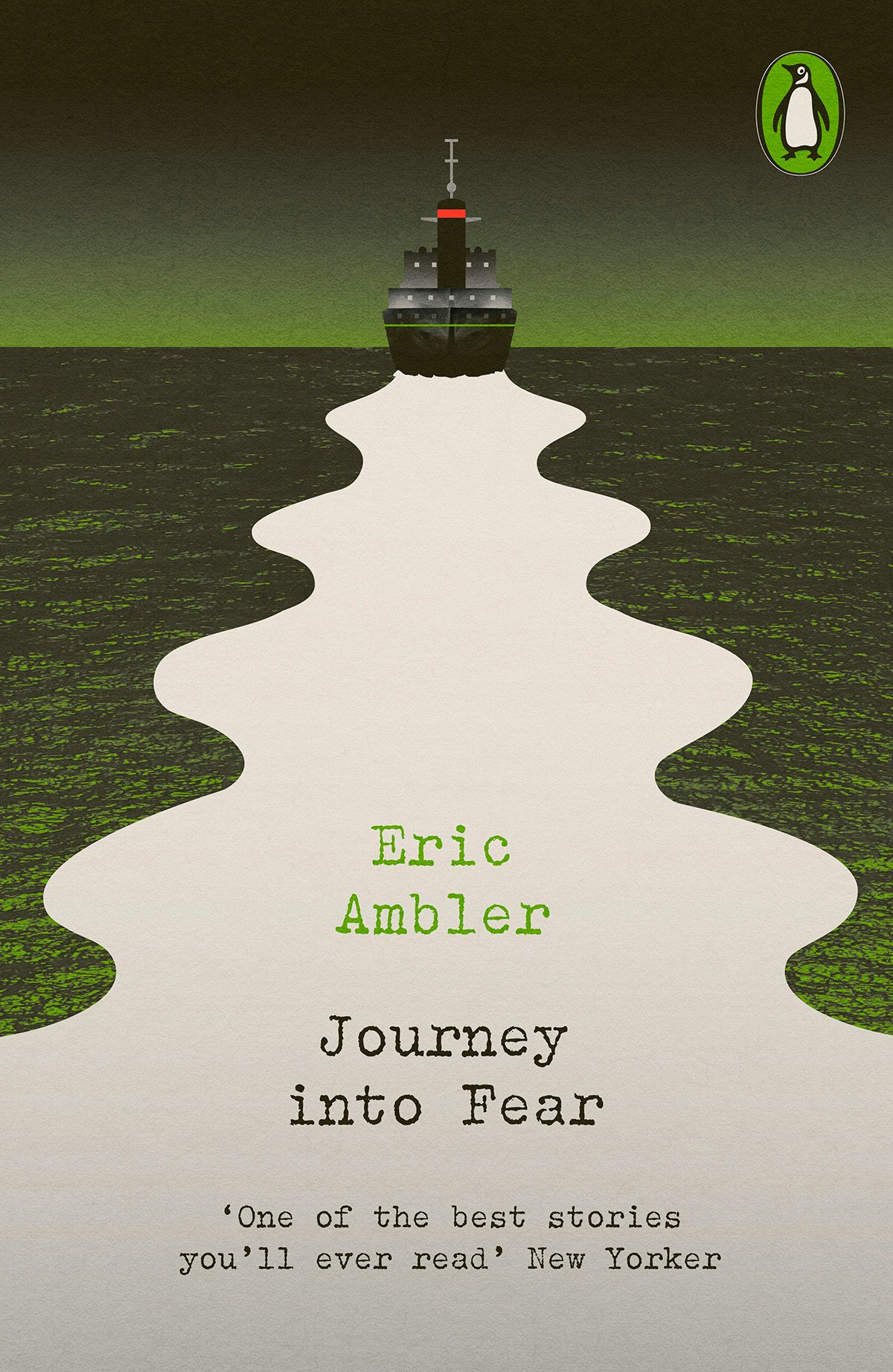 Image shows the cover of Journey into Fear from Penguin Modern Classics Crime and Espionage series, showing an illustration of a boat carving a white path in the water