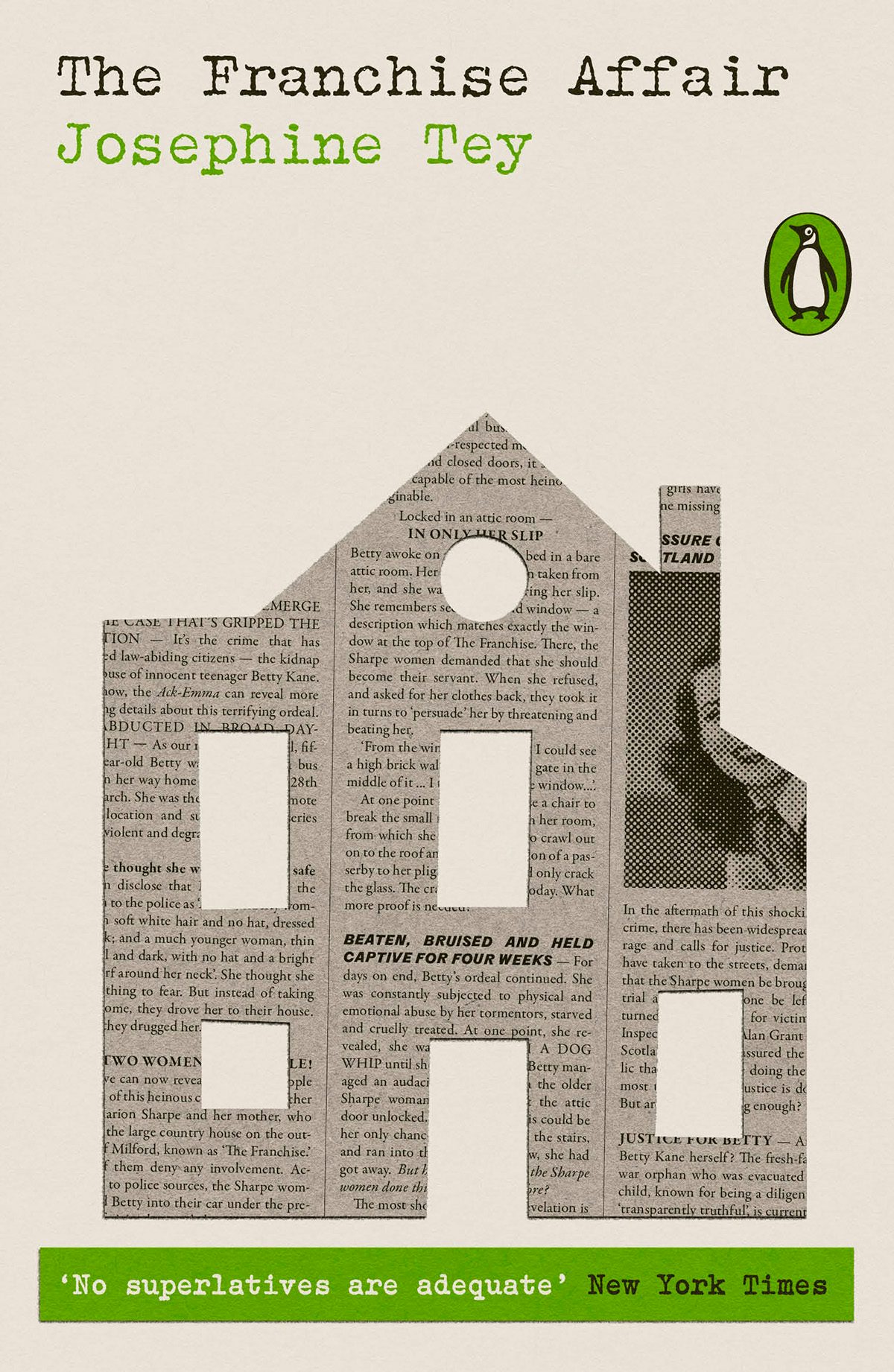 Image shows the cover of The Franchise Affair from Penguin Modern Classics Crime and Espionage series, showing a building cut out of newspaper