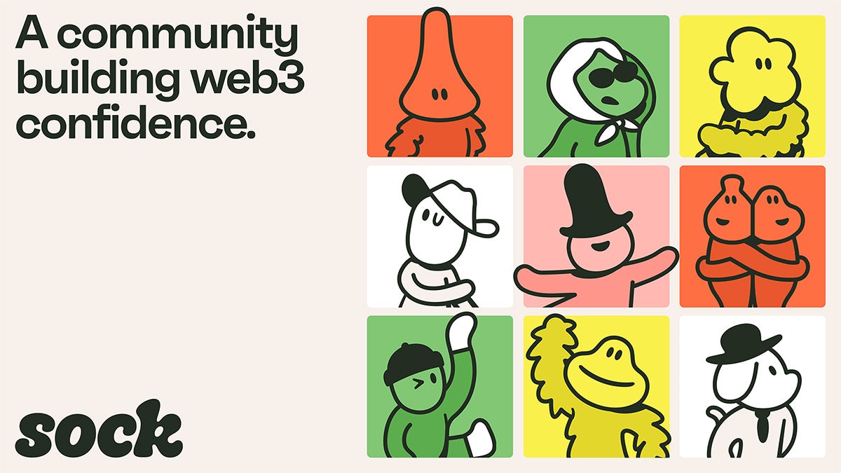 Graphic showing Sock's branding on an image headlined 'A community building web3 confidence' and a block of 9 cartoons against colour backgrounds