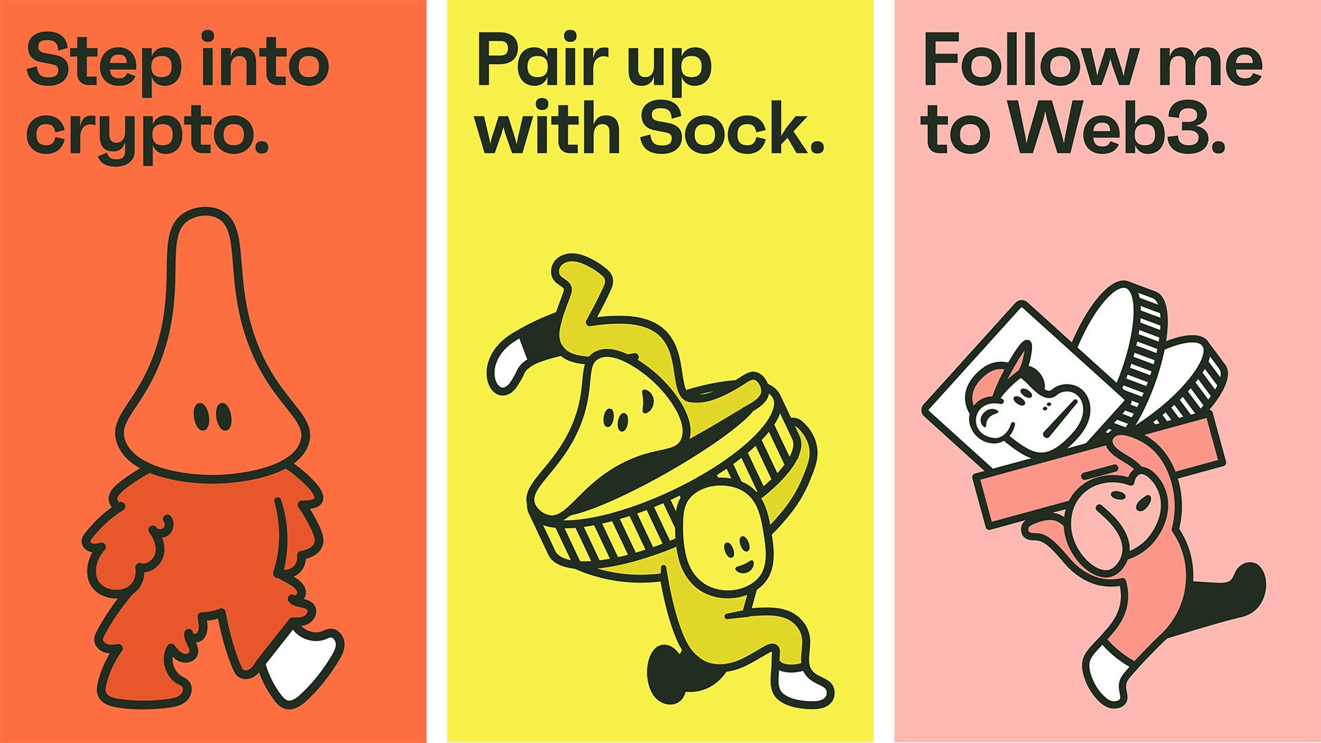 Composite image of Sock's branding showing three cartoon characters each against an orange, yellow, and pink background, headlined 'step into crypto', 'pair up with Sock', and 'follow me to Web 3' respectively