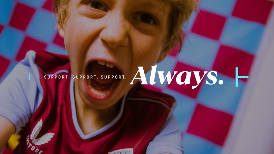Image from BT Sport's rebrand to TNT Sports, as shown on a photo of a young person wearing a football shirt shouting towards the camera, headlined 'support support support always'
