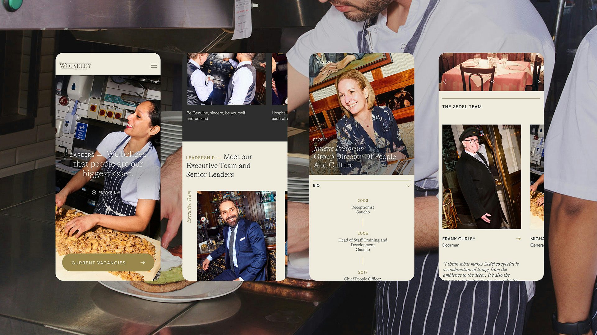 Image from the Wolseley's new digital identity showing three vertical website screenshots of its careers, leadership, and team pages, layered over the top of a photo of a chef preparing a plate of food