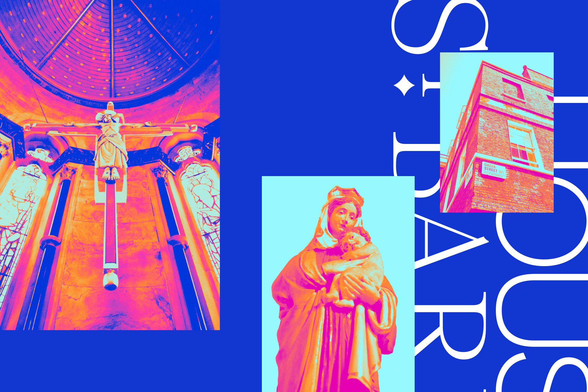 Graphic showing the new House of St Barnabas branding in bright blue, cyan and magenta tones including a neon treatment of an image of a religious stone statue