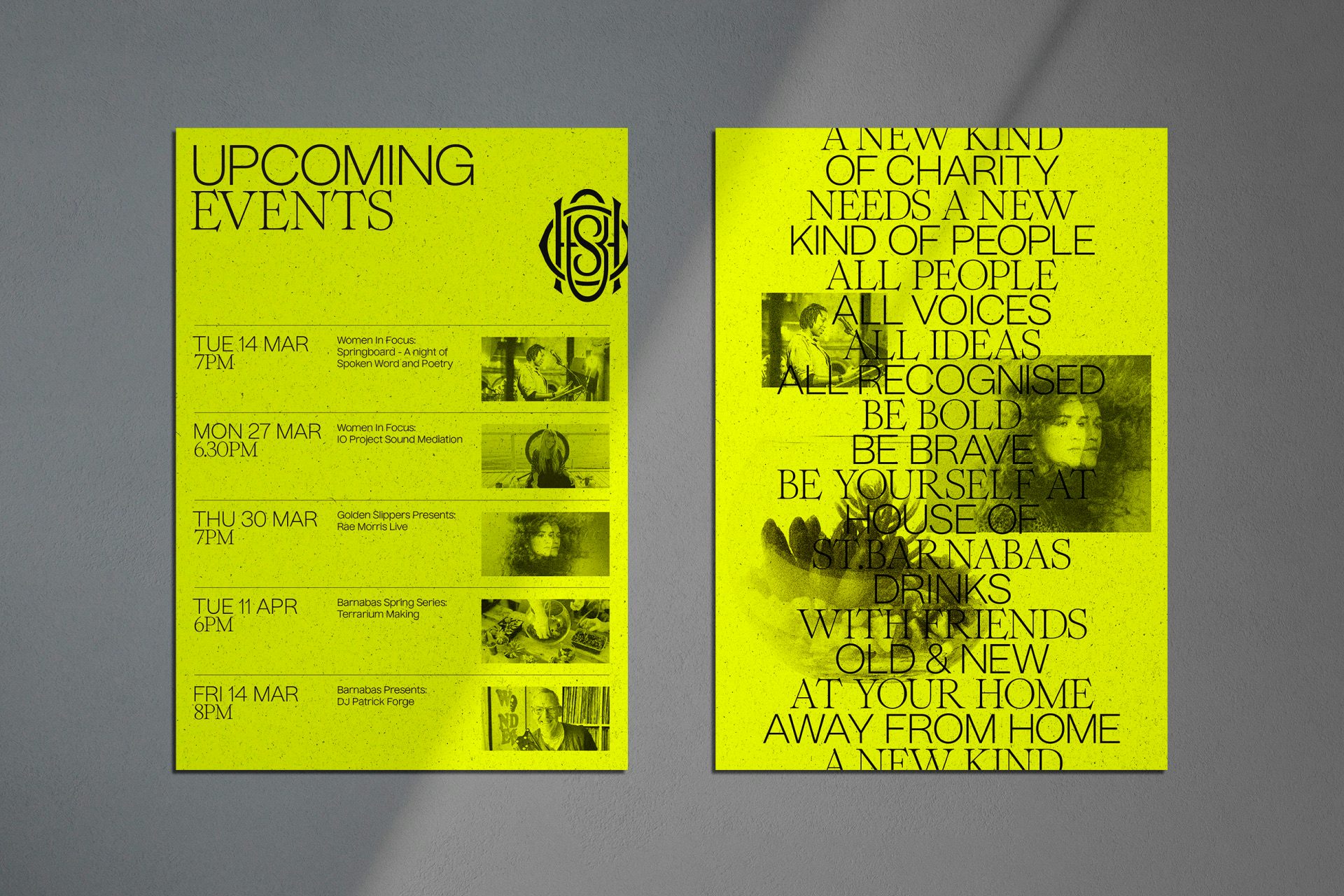 Image shows events posters for the House of St Barnabas, featuring text-heavy designs on a bright yellow background