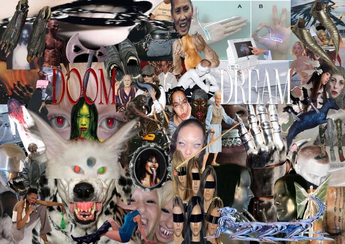 Graphic shows a collage from Burn Book by Morning featuring images including a dog, faces including FKA twigs, a person wearing black lipstick biting onto a chain, and the words 'Doom' and 'Dream' in tall serif font