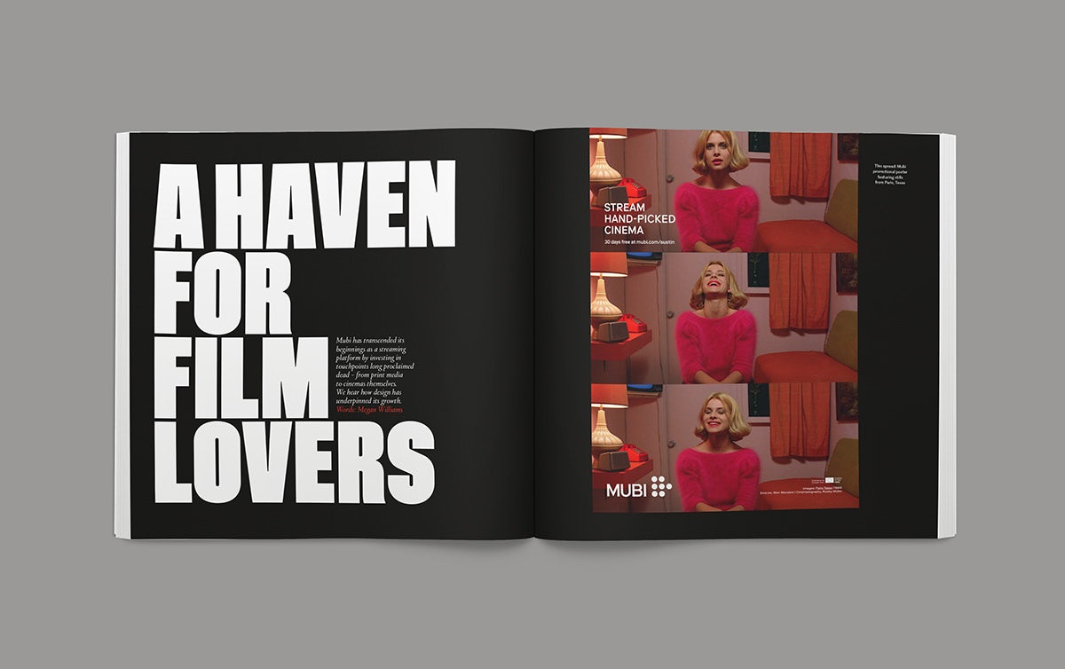 Image shows a spread from the Creative Review Creative Leaders 2023 issue, showing the headline 'A haven for film lovers' in thick white capitals on a black background on the left hand page. On the right hand page are three frames from Paris Texas showing a character wearing a pink fluffy jumper