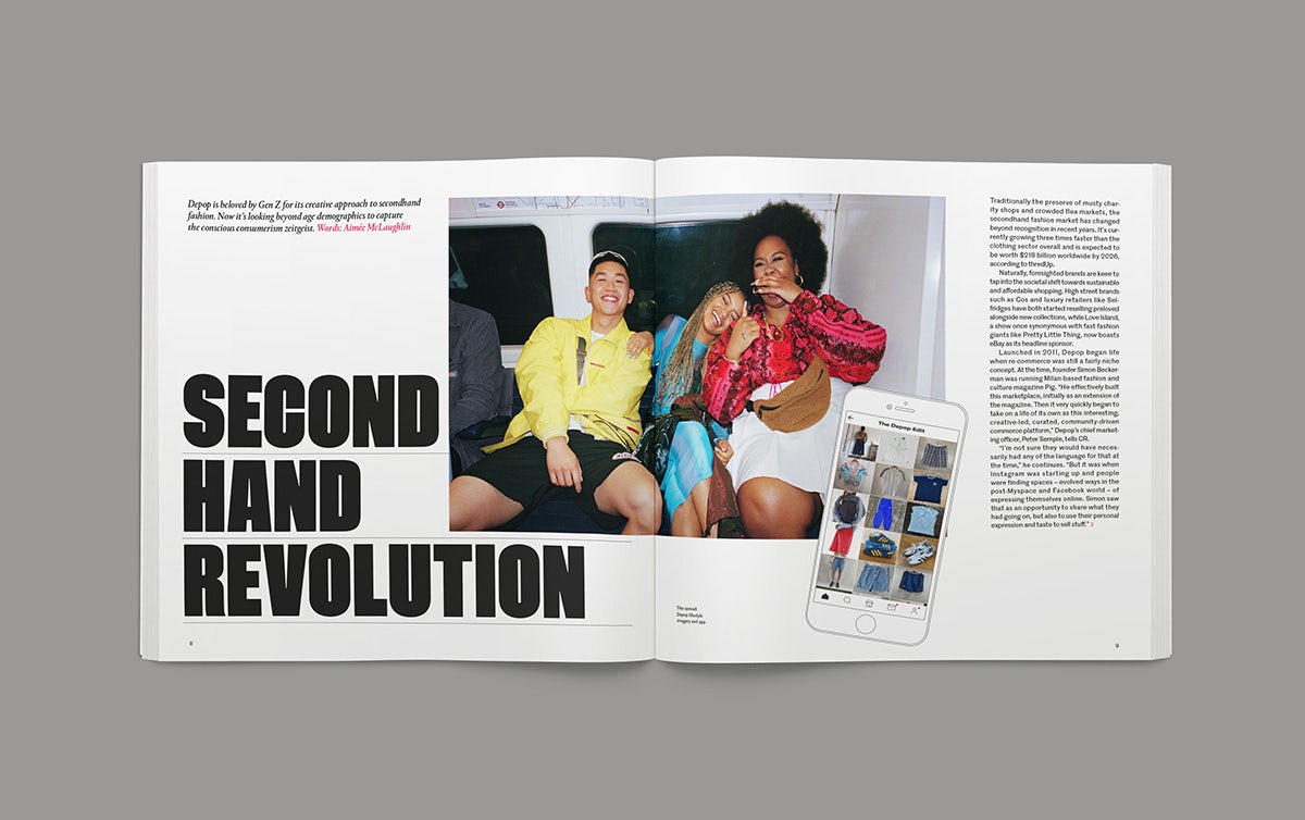 Image shows a spread from the Creative Review Creative Leaders 2023 issue, showing the headline 'Second hand revolution' in thick capitals on the left hand page, and a photograph of three young people laughing over both pages