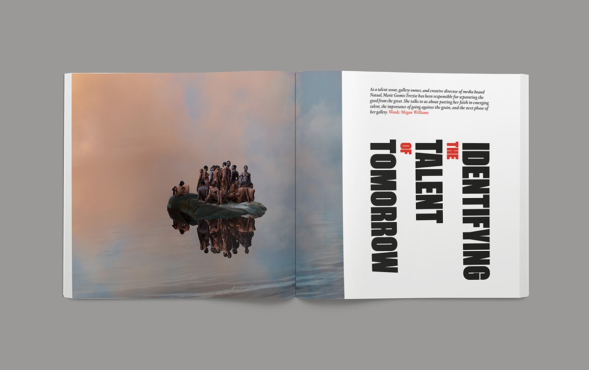 Image shows a spread from the Creative Review Creative Leaders 2023 issue, showing a photograph of figures gathered on a boat on a pastel hued seascape and cloudy skies on the left hand page, and on the right page is a headline 'Identifying the talent of tomorrow' arranged on its side