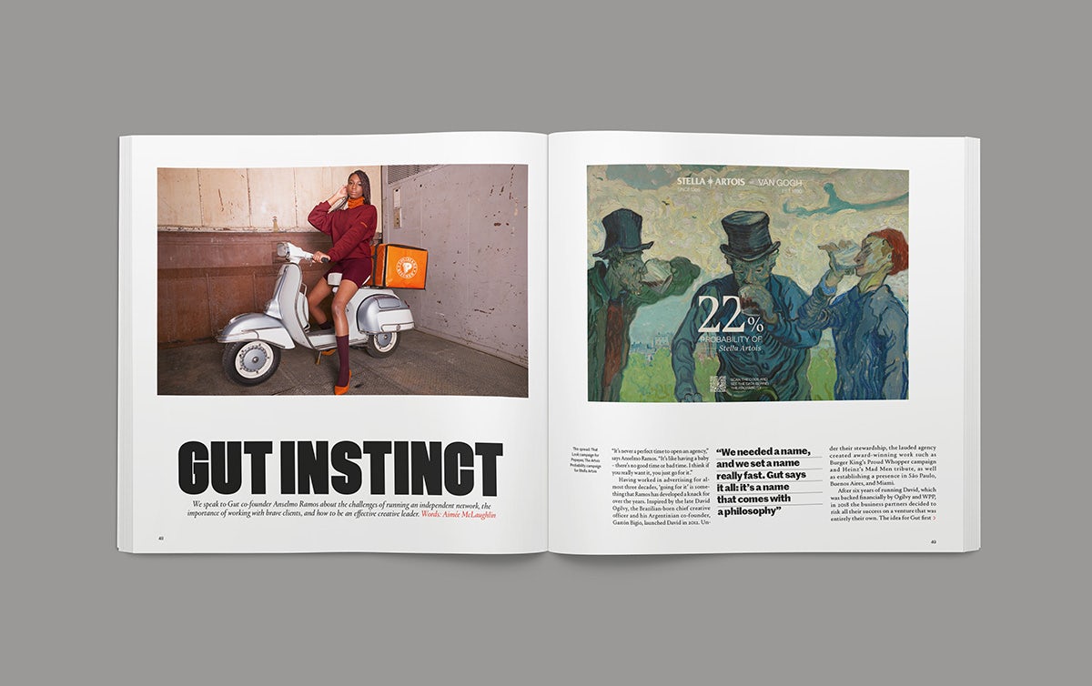 Image shows a spread from the Creative Review Creative Leaders 2023 issue, showing the headline 'Gut instinct' and a photo of a person on a moped on the left hand page, and a painting of three characters drinking from tea cups on the right hand page