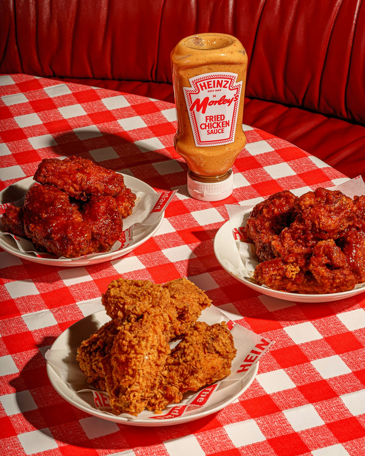 Photograph of three plates of fried chicken and a squeezy bottle of Heinz and Morley's Fried Chicken Sauce laid on a red gingham tablecloth