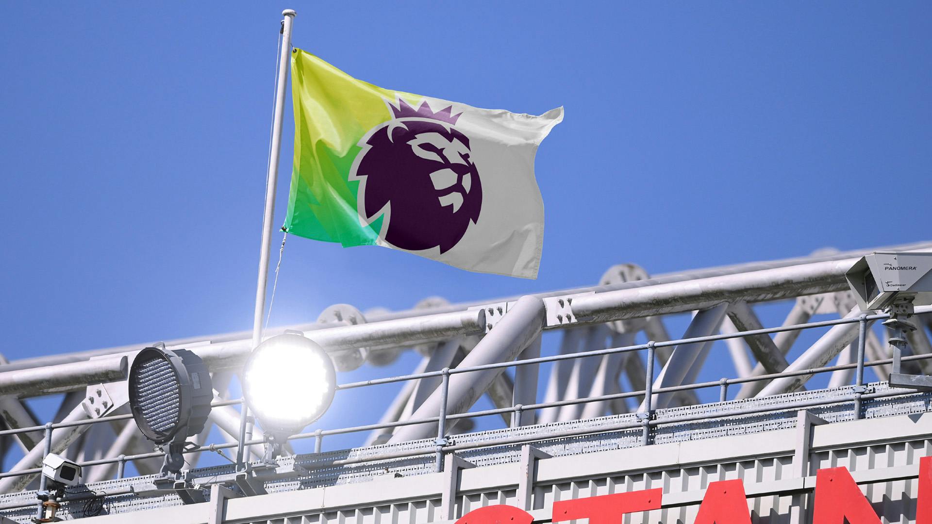Photo from the Premier League brand refresh showing the purple lion icon on a flag with a part white background and a part yellow and green background