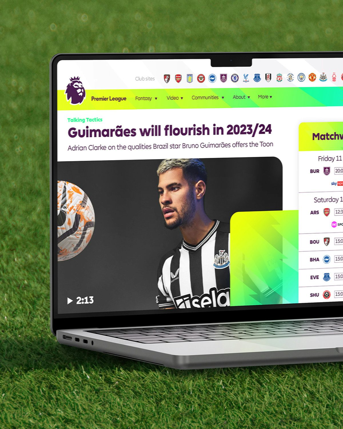 Photo from the Premier League brand refresh showing the new lime and yellow colour gradients on a website, shown on a laptop resting on grass
