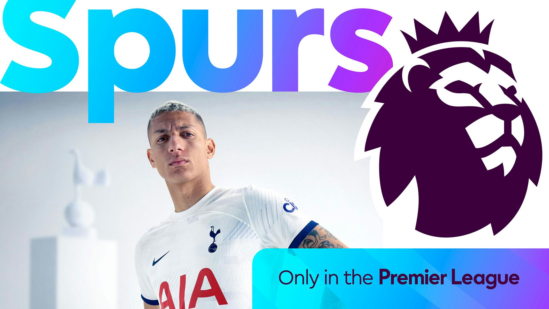 Graphic showing the Premier League brand refresh, as seen on a design headlined 'Spurs' in blue and purple gradient font, a photo of Richarlison, and the league's purple lion icon