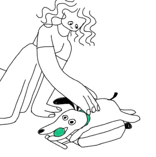Still frame from Rover's animated ad, showing a line drawing of a dog lying on a suitcase as its owner strokes it