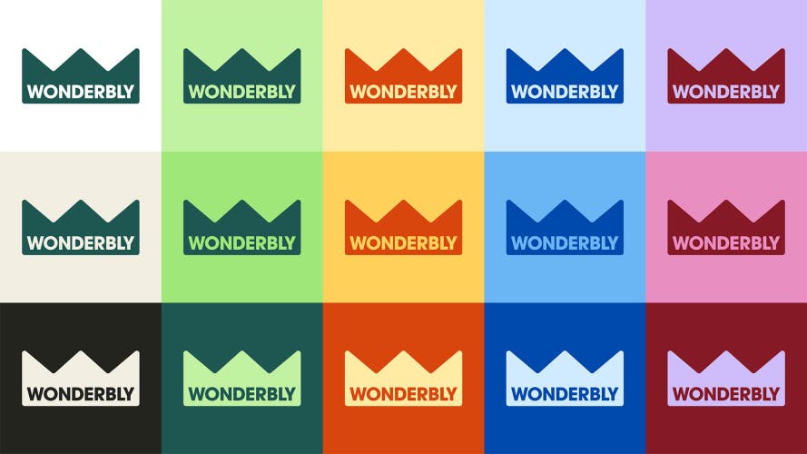 Graphic showing different coloured executions of Wonderbly's logo, a crown shape with the brand name inside