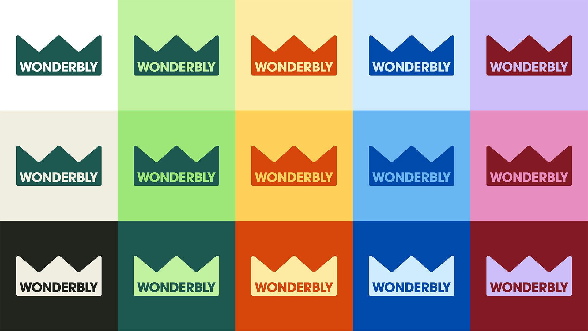 Graphic showing different coloured executions of Wonderbly's logo, a crown shape with the brand name inside