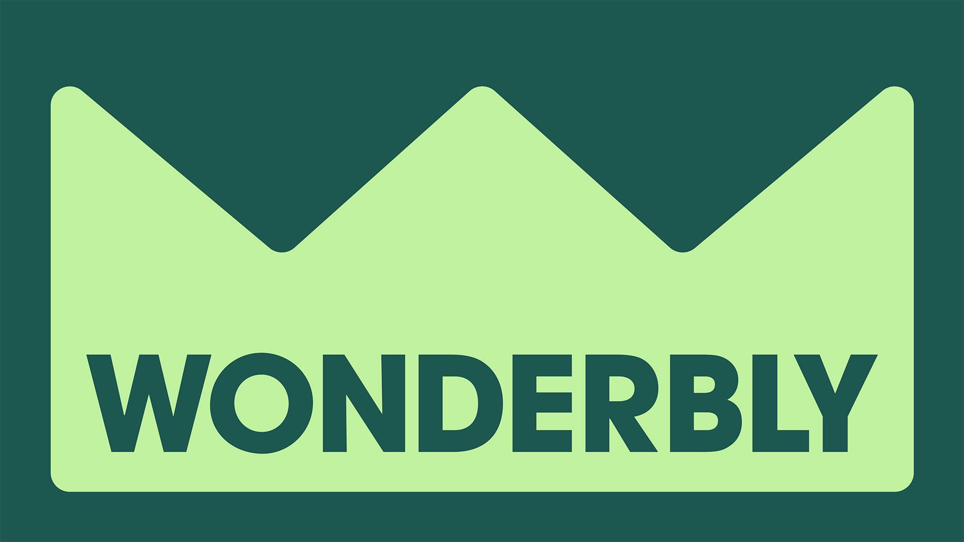 Wonderbly's logo in the show of a pale green crown and the brand name contained within the shape in a dull teal serif typeface