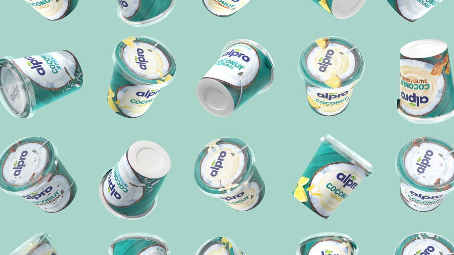 Image showing Alpro's brand redesign on coconut yoghurts appearing to float mid air at different angles