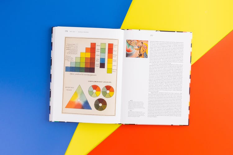 Image shows a spread filled with colourful charts inside of The History of Colour book, arranged on a red, yellow and blue geometric background