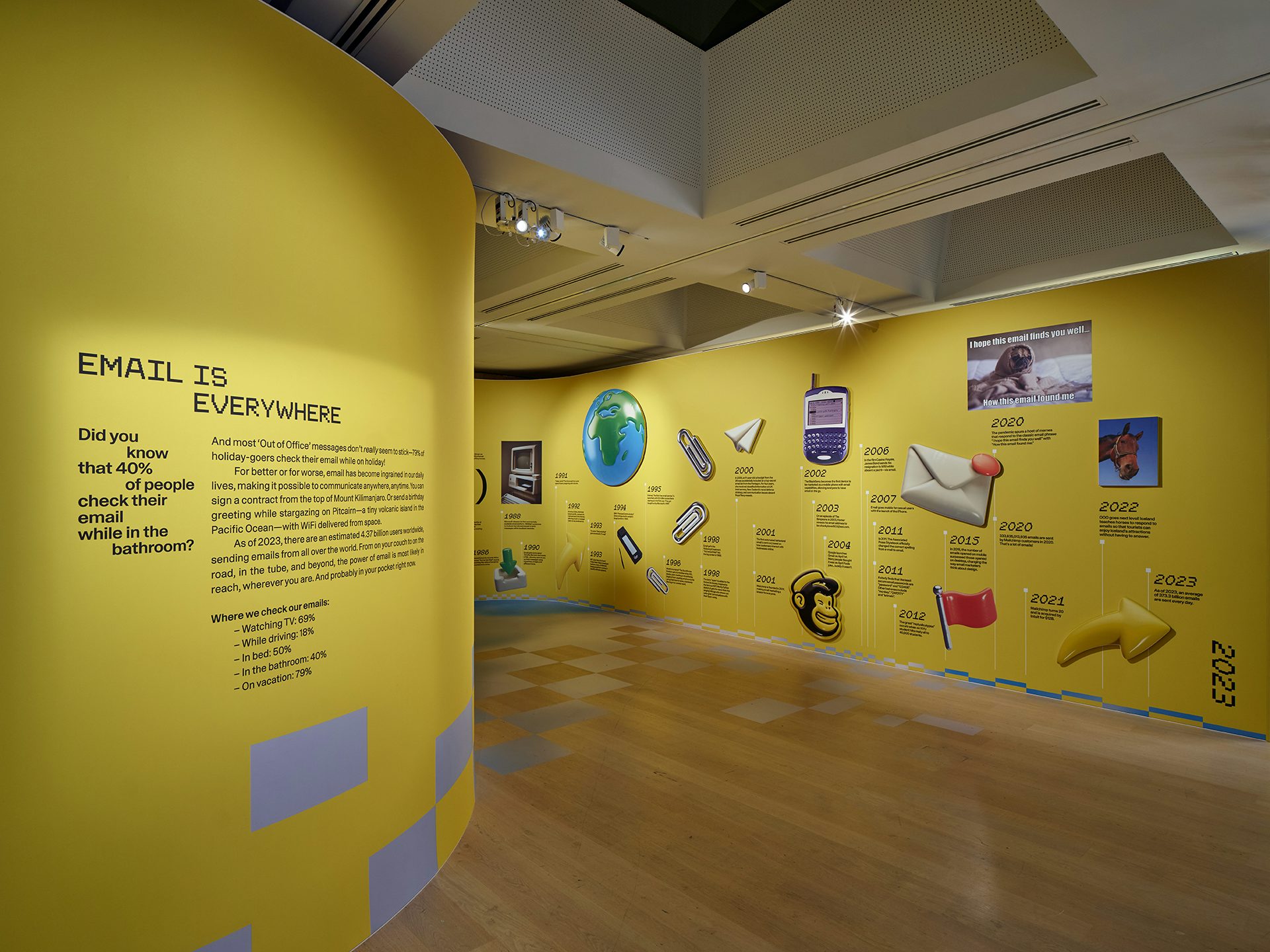 Image shows an install at Mailchimp's Email is Dead exhibition at the Design Museum, featuring an illustrated timeline displayed on a yellow wall
