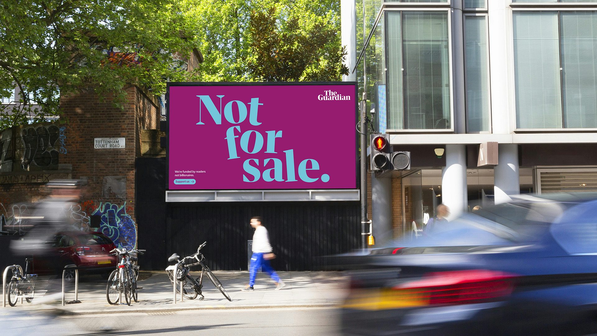 Photo of an outdoor poster headlined 'Not for sale' in slightly wonky blue letters on a purple background, created as part of the Guardian's new brand campaign