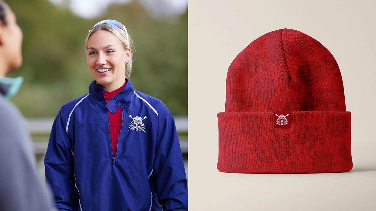 Photo showing Christ Church Oxford's branding on a jacket and a beanie hat