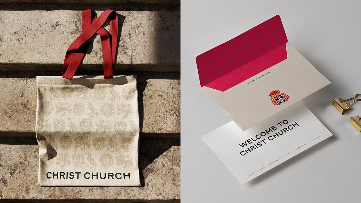 Photo showing Christ Church Oxford's branding on a tote bag and stationary